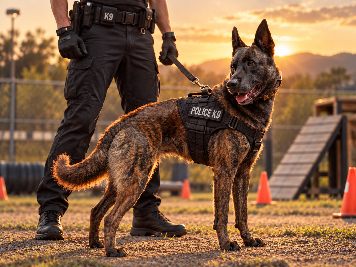 K9 policial e handler em campo de treinamento ao entardecer