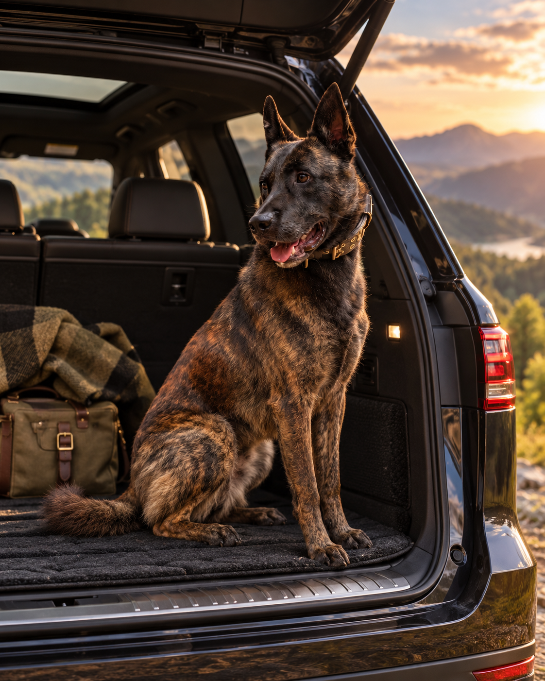 K9 sentado no porta-malas de um veículo ao entardecer