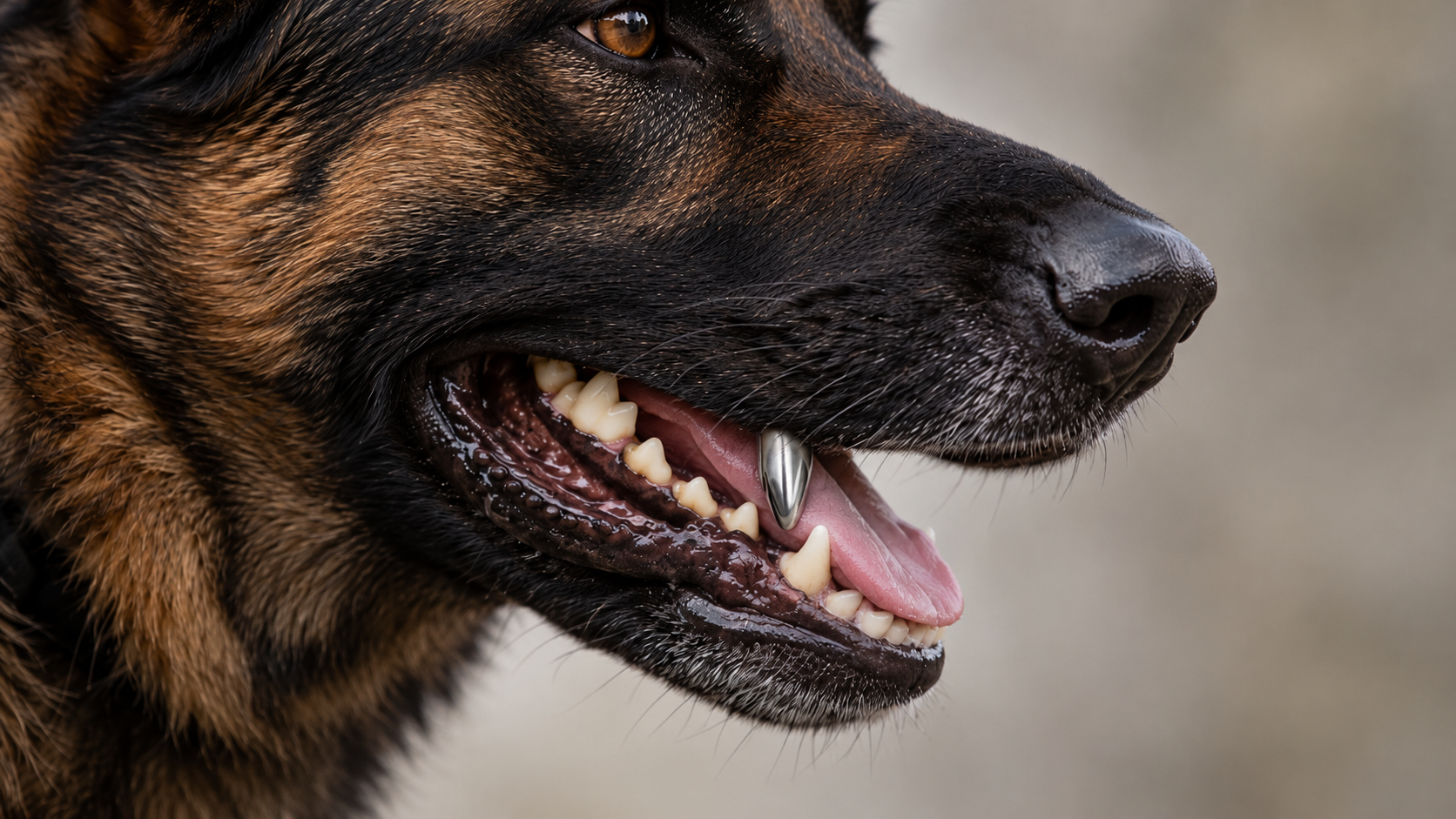 Close-up of a working K9 profile with a titanium crown on the upper canine