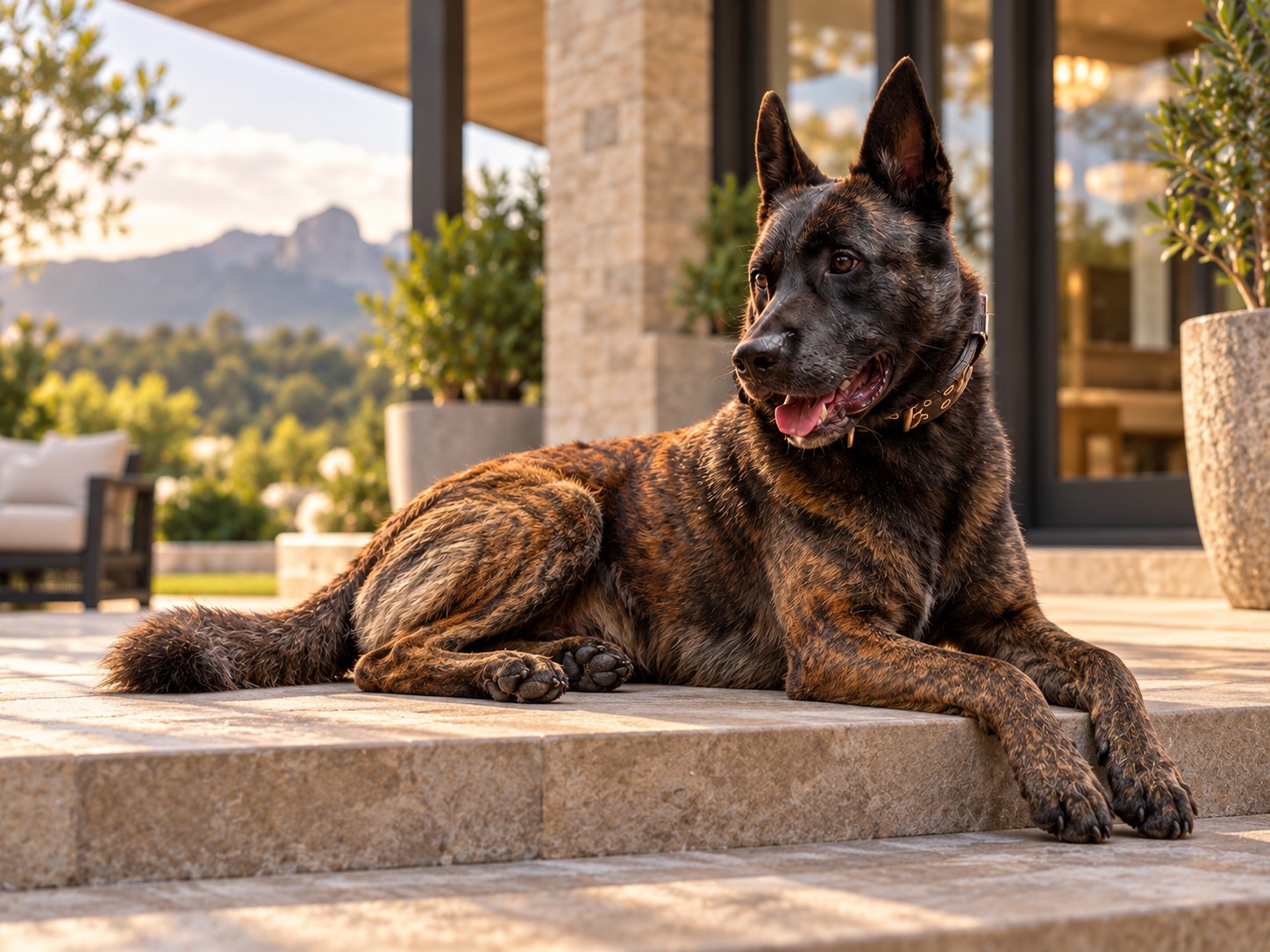 K9 deitado em terraço de pedra